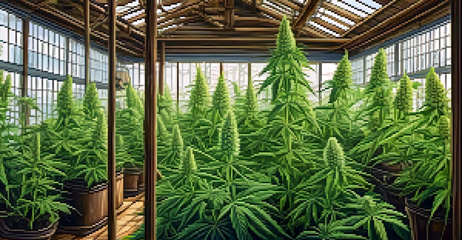 Cannabis plants growing in a greenhouse, showcasing vibrant green leaves and flowers in natural light.