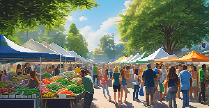 A busy community market with cannabis vendors, colorful stalls, and people interacting on a sunny day.