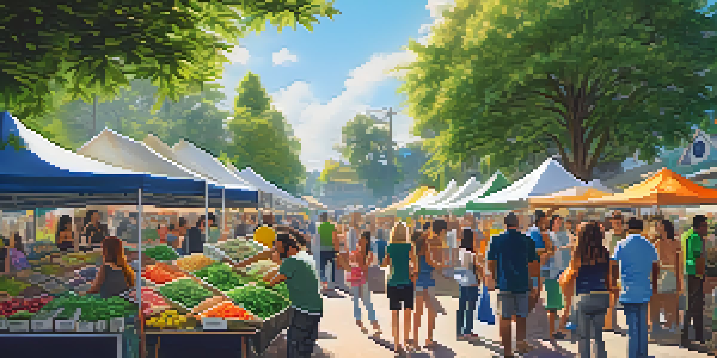 A busy community market with cannabis vendors, colorful stalls, and people interacting on a sunny day.