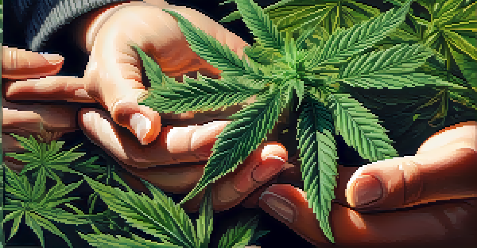 Close-up of hands holding a cannabis plant, showcasing its green leaves and natural beauty in warm sunlight.