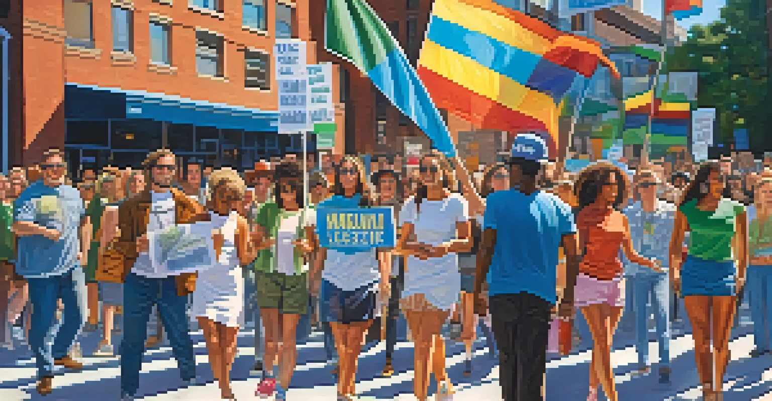 A lively protest for marijuana legalization with diverse people holding colorful signs in an urban setting under a blue sky.