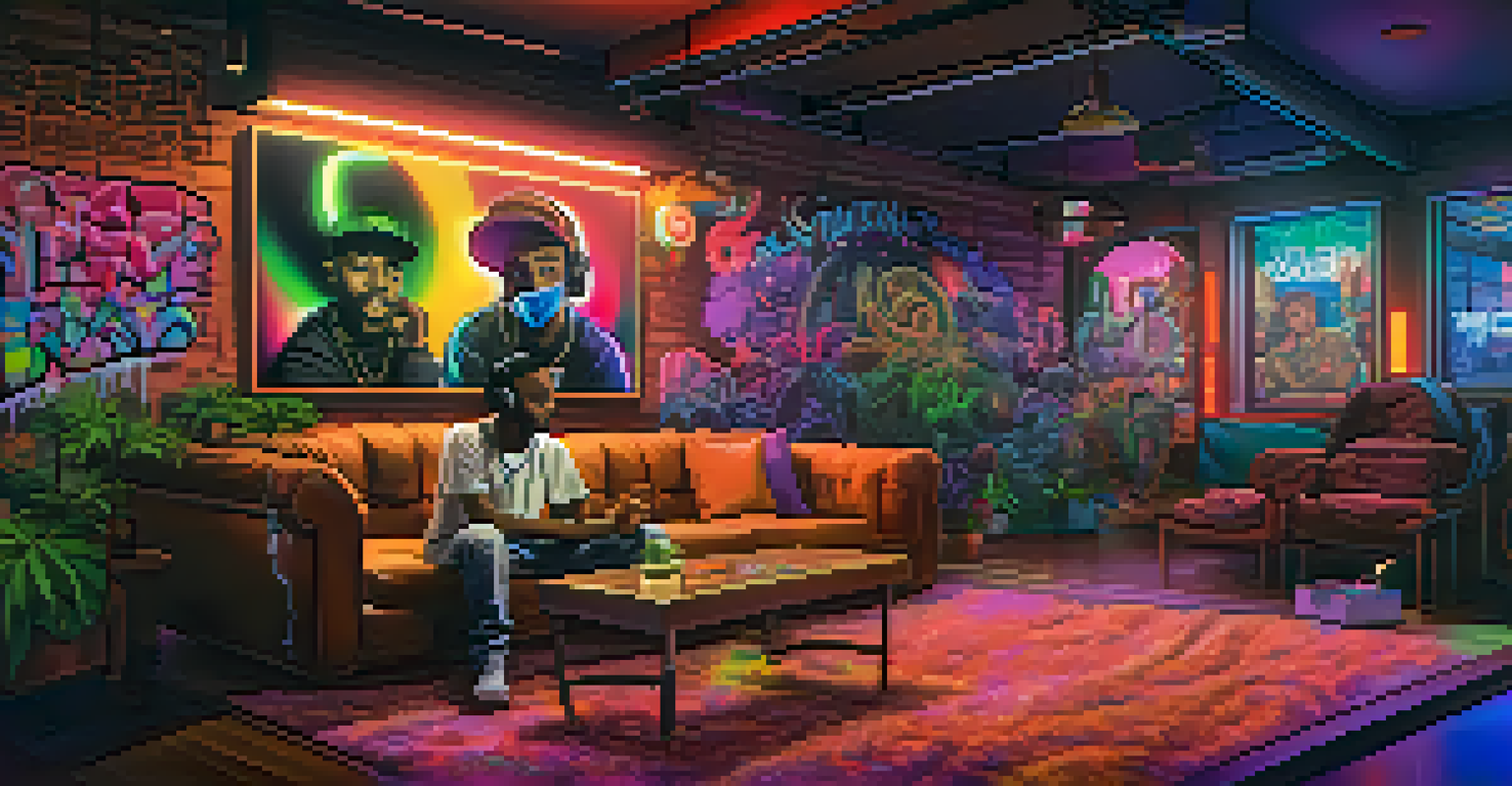 A hip-hop lounge with a DJ booth and two friends sharing a cannabis joint on a couch.
