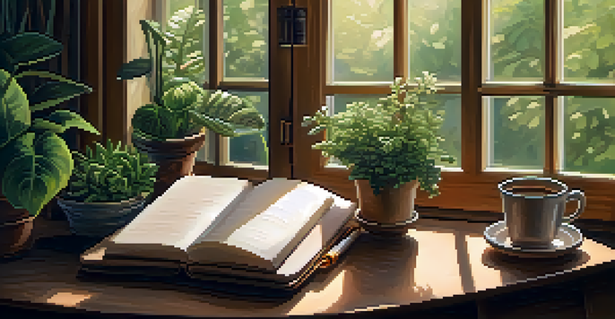 A warm and inviting home interior with a wooden coffee table, an open notebook, a pen, and small potted plants under soft lighting.