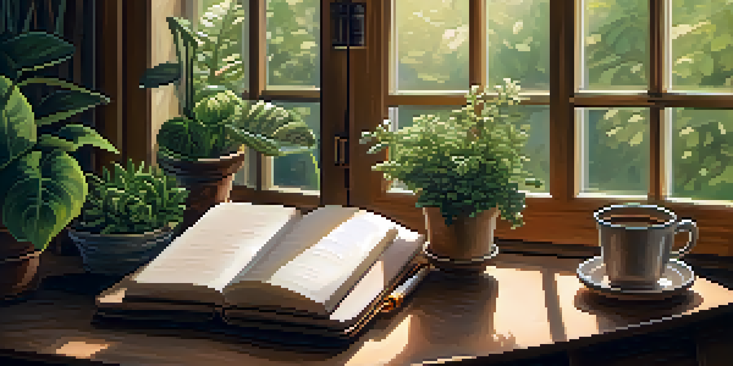 A warm and inviting home interior with a wooden coffee table, an open notebook, a pen, and small potted plants under soft lighting.