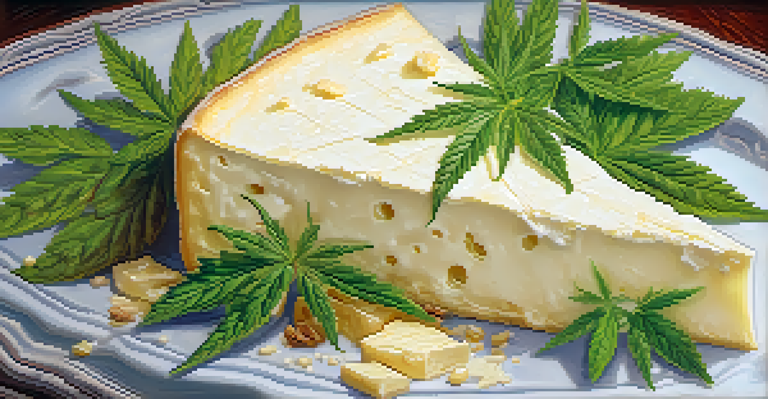 A close-up of creamy Brie cheese being sliced with cannabis leaves and buds in the background.