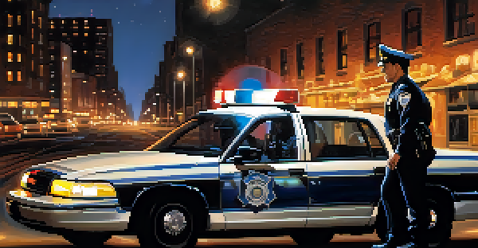 A police officer conducting a sobriety test on a driver at night under streetlights.