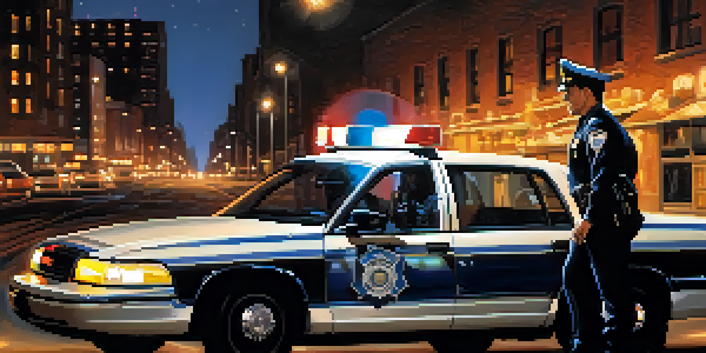 A police officer conducting a sobriety test on a driver at night under streetlights.