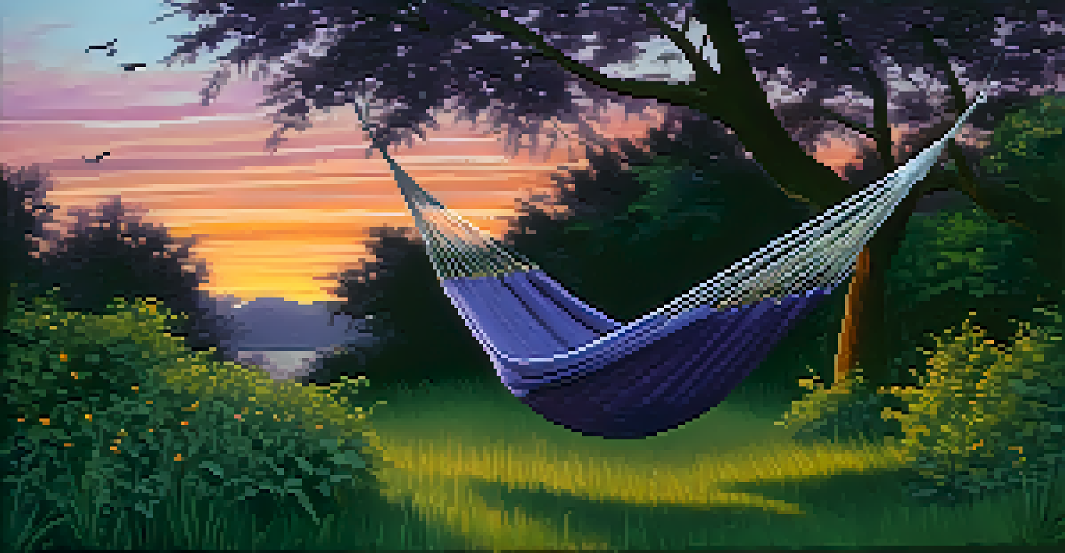 A tranquil outdoor scene featuring a hammock between two trees at dusk, surrounded by greenery and illuminated by the soft glow of fireflies.