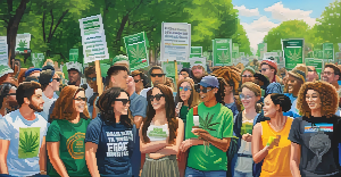 A group of young activists at a rally, holding signs for marijuana reform, surrounded by a sunny park.