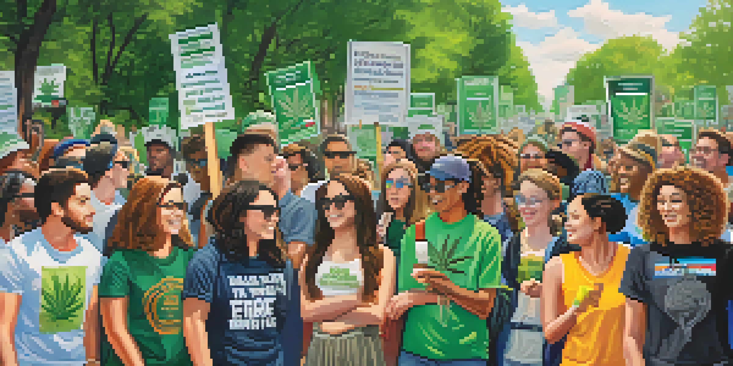 A group of young activists at a rally, holding signs for marijuana reform, surrounded by a sunny park.