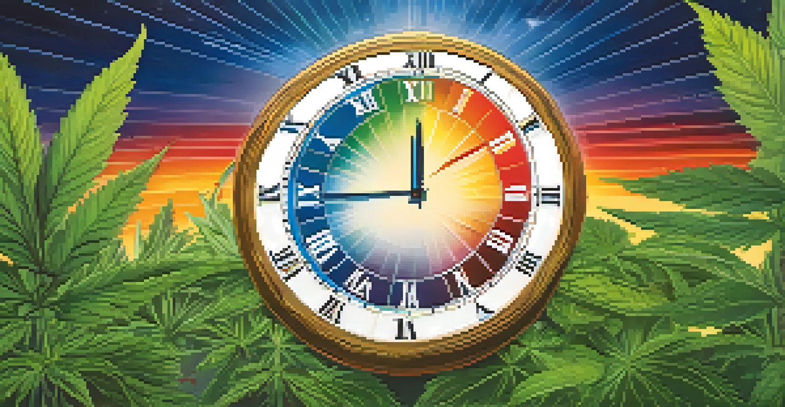 A diagram of light cycles for cannabis growth, featuring a clock and visuals of different growth stages.