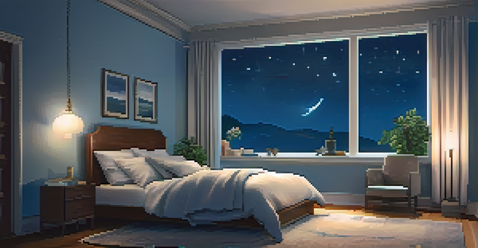 A cozy bedroom with soft lighting, a bed with fluffy pillows, blue walls, and a window showing stars, creating a peaceful sleep environment.