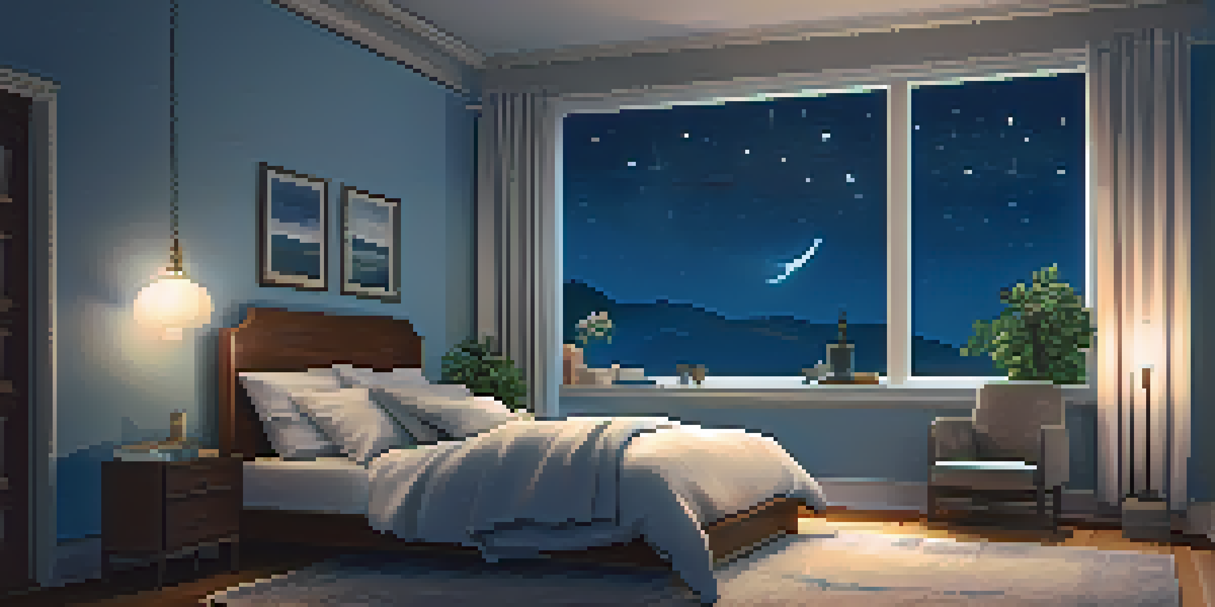 A cozy bedroom with soft lighting, a bed with fluffy pillows, blue walls, and a window showing stars, creating a peaceful sleep environment.