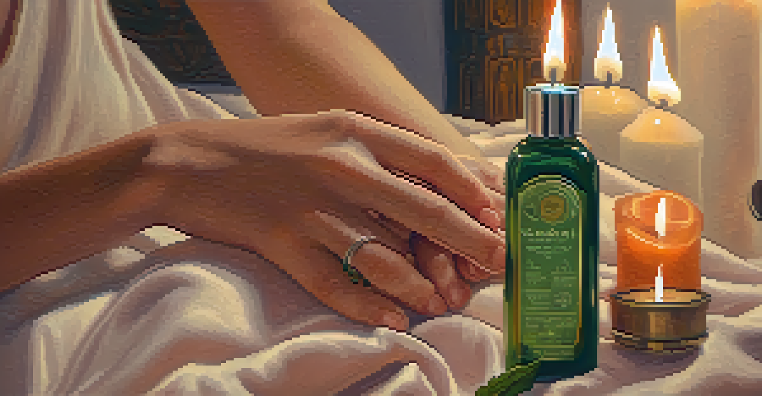 Two hands holding a cannabis-infused lubricant bottle against a soft fabric background with candles.