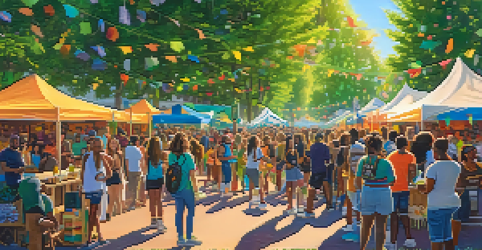 A lively outdoor festival with diverse attendees engaging in educational activities about cannabis, surrounded by colorful booths and banners.