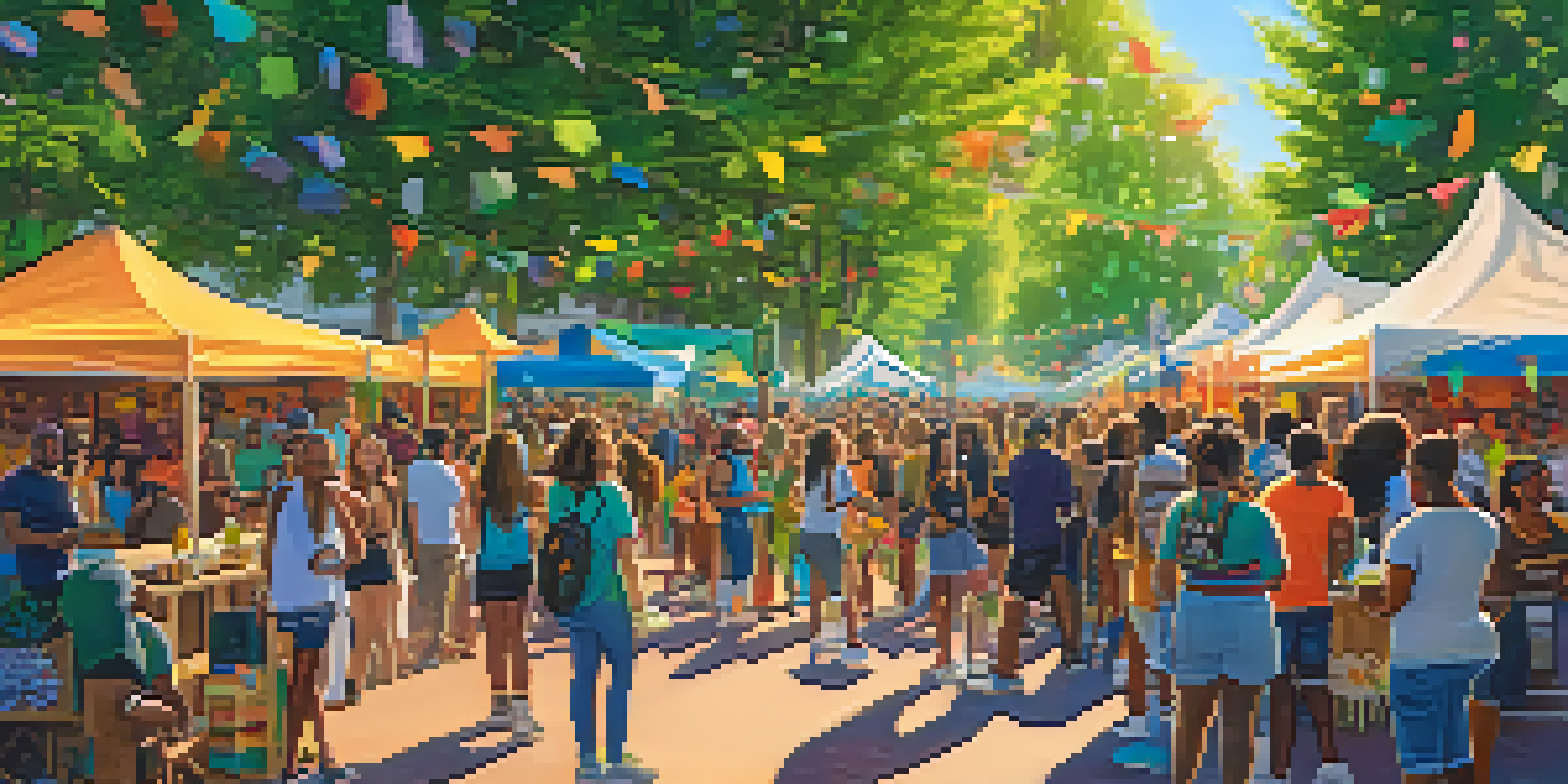 A lively outdoor festival with diverse attendees engaging in educational activities about cannabis, surrounded by colorful booths and banners.