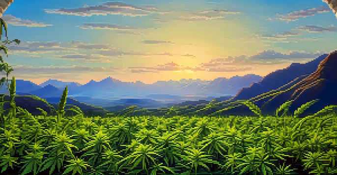 A picturesque landscape showcasing a cannabis field with green plants under a blue sky and distant mountains at sunset.