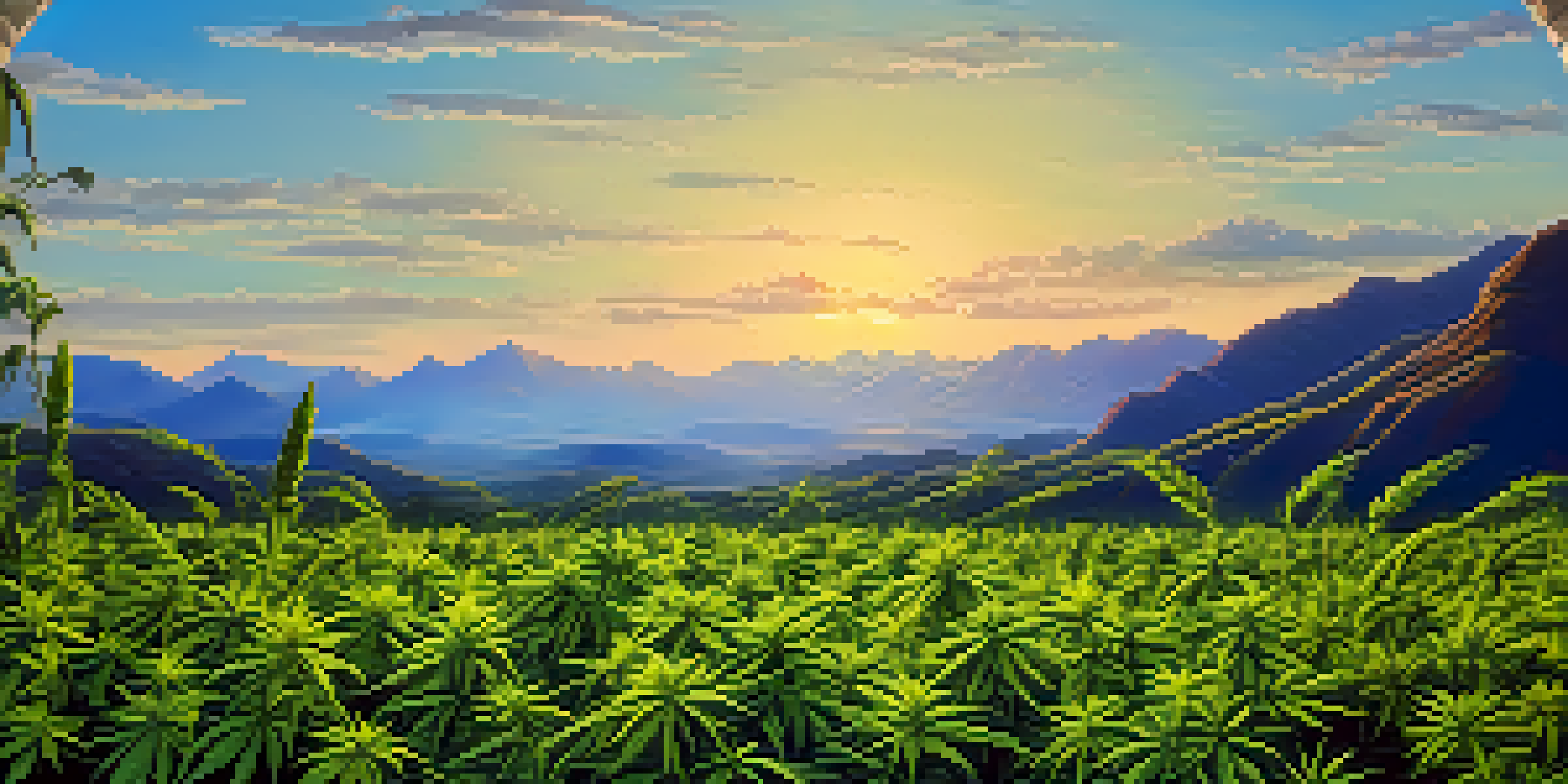 A picturesque landscape showcasing a cannabis field with green plants under a blue sky and distant mountains at sunset.