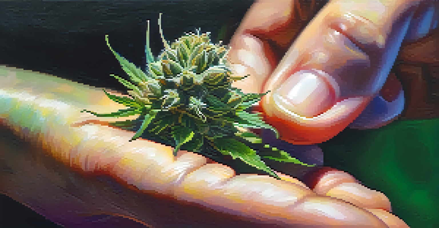 A close-up view of a hand holding a cannabis bud, showcasing its texture and colors in natural light.