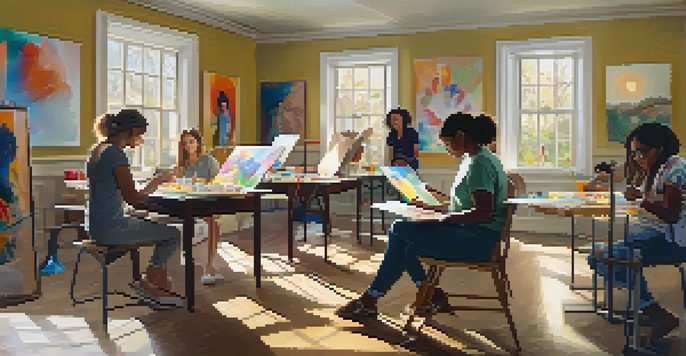 A calm art therapy session with individuals creating art in a brightly lit room filled with colorful artwork.