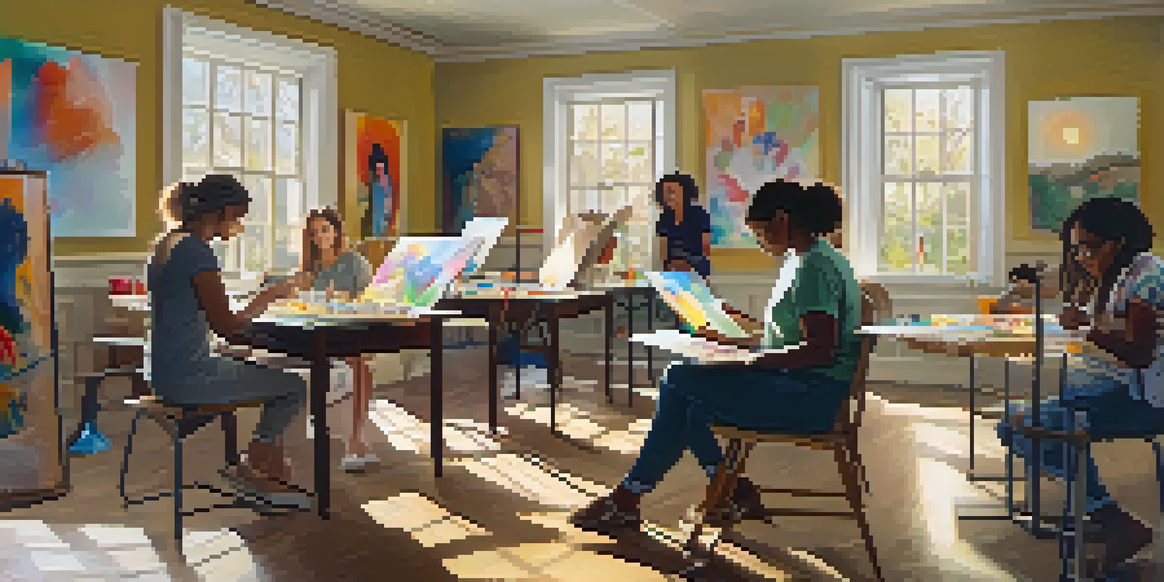 A calm art therapy session with individuals creating art in a brightly lit room filled with colorful artwork.