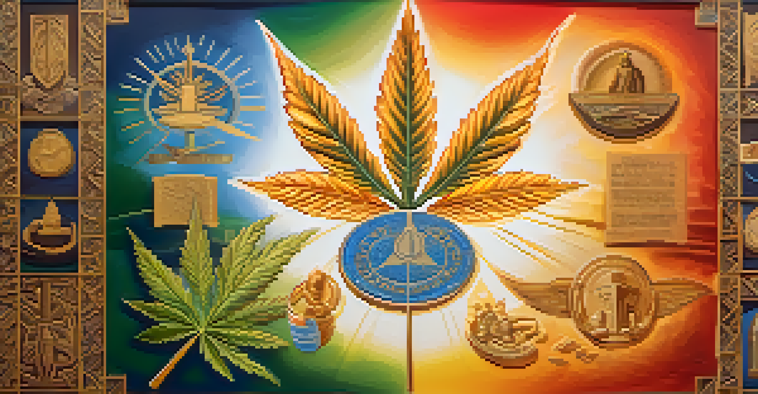 An artistic image of a cannabis leaf intertwined with symbols of social equity and community, set against a warm gradient background.