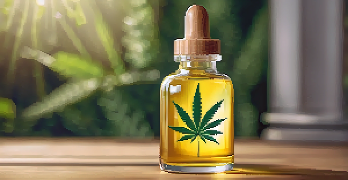 A close-up of a glass dropper bottle containing golden cannabis oil, with green hemp leaves in the background and soft warm lighting.