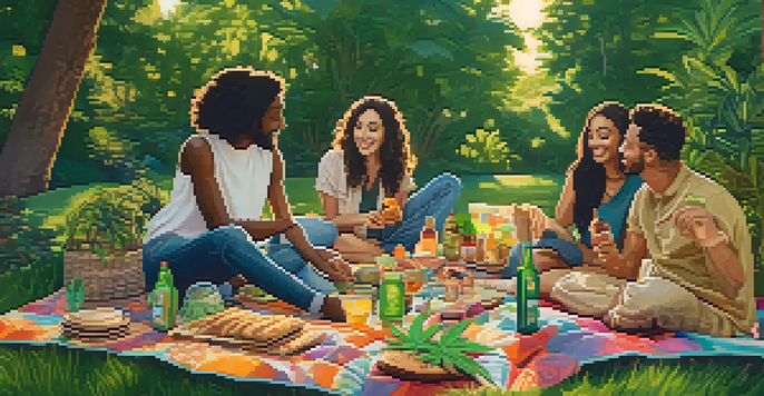 A diverse group of friends having a picnic with cannabis products in an outdoor setting under a warm afternoon sun.