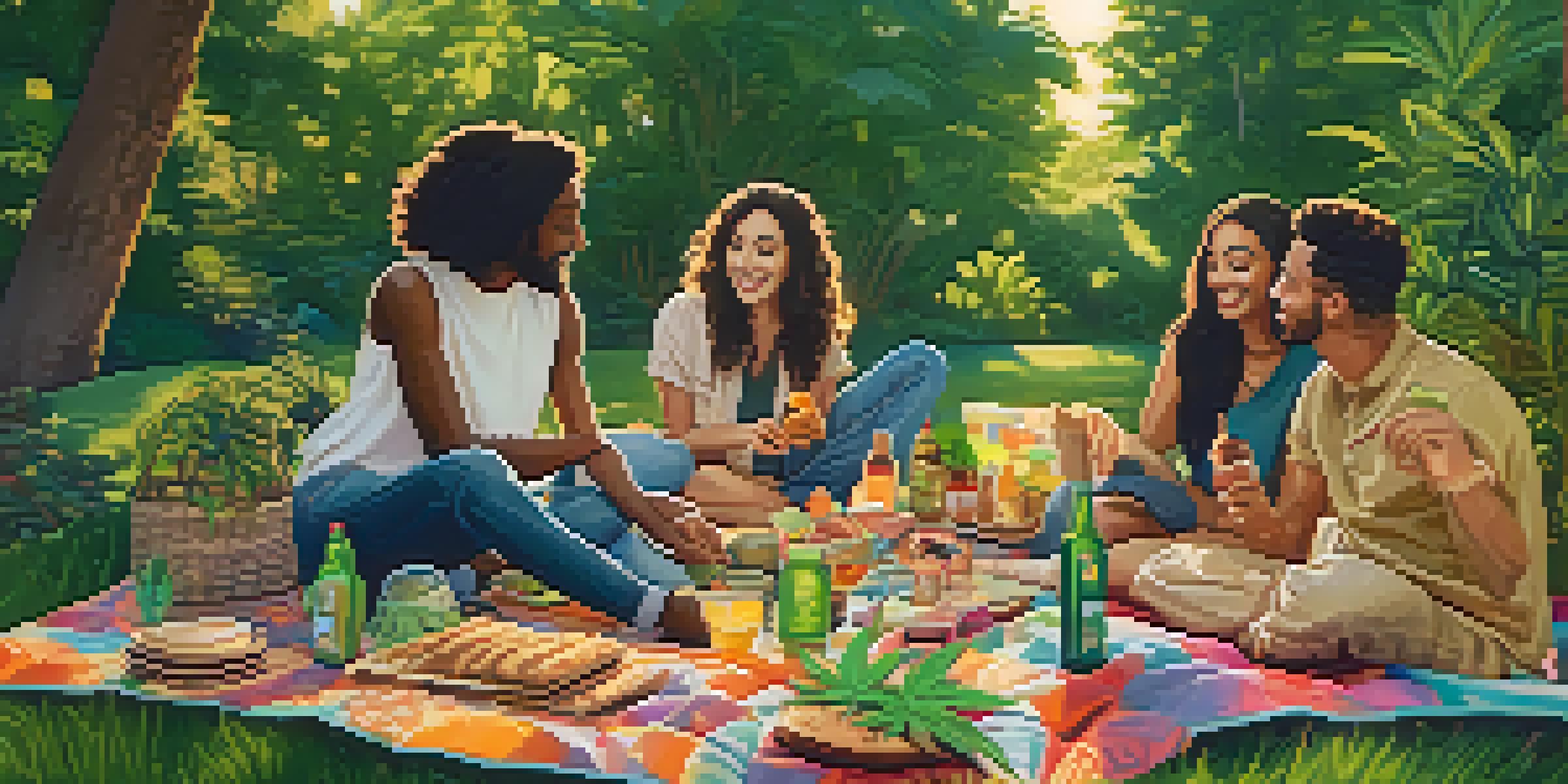 A diverse group of friends having a picnic with cannabis products in an outdoor setting under a warm afternoon sun.
