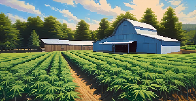 A peaceful marijuana farm with healthy plants, a wooden barn in the background, and blue skies.