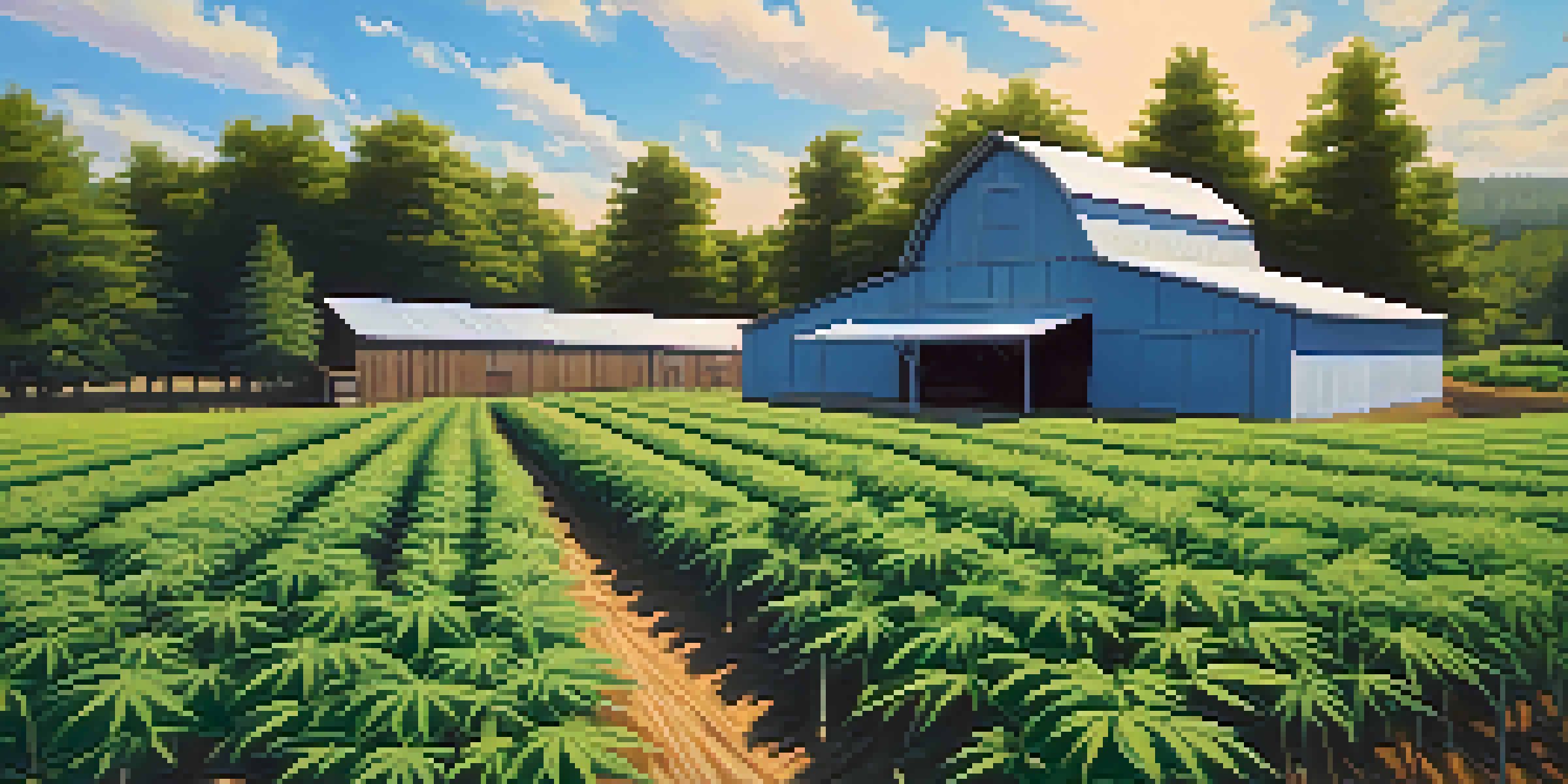 A peaceful marijuana farm with healthy plants, a wooden barn in the background, and blue skies.