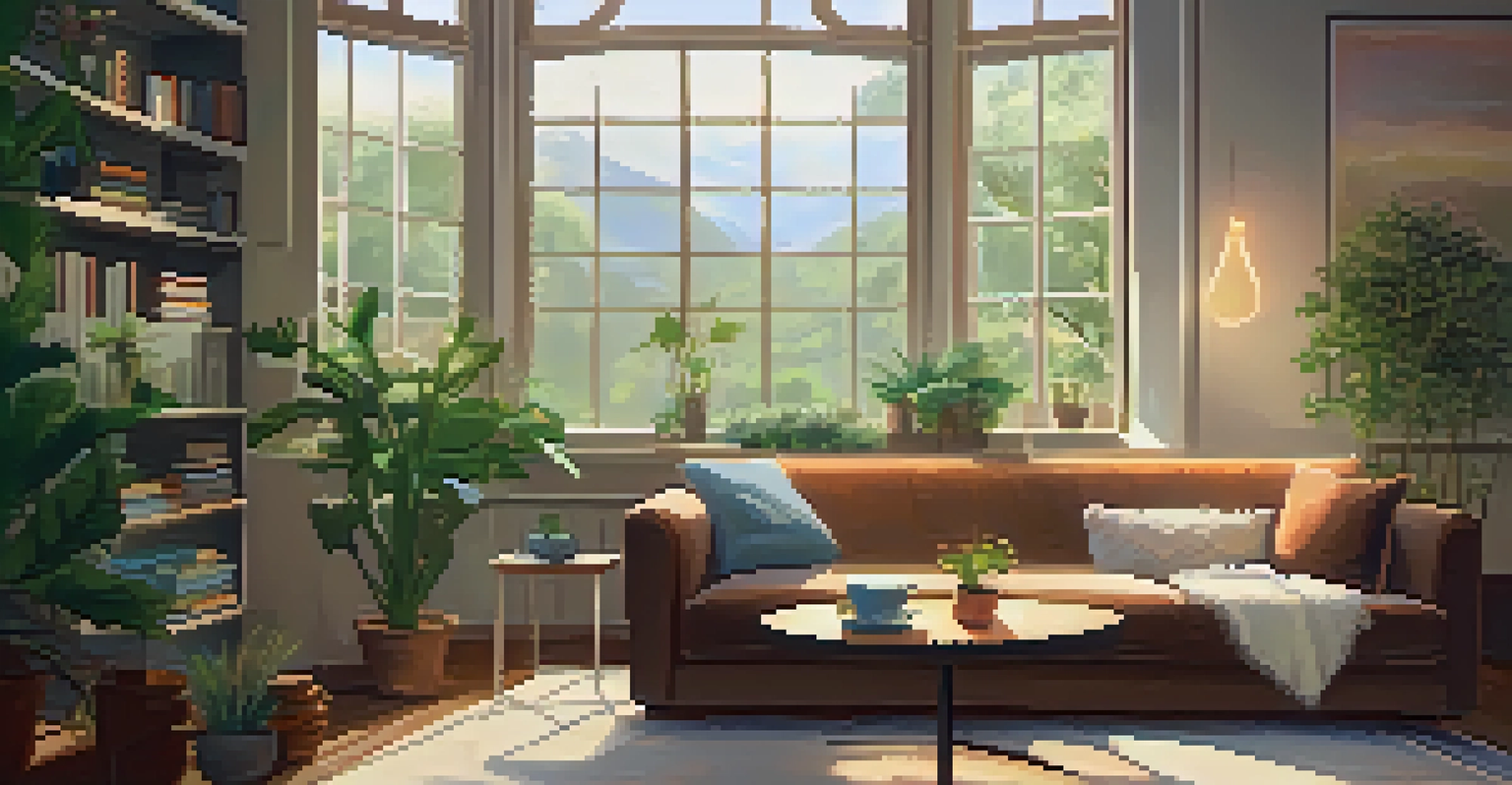 A cozy therapy room with a comfortable sofa, warm lighting, and plants, creating a welcoming atmosphere for mental health discussions.