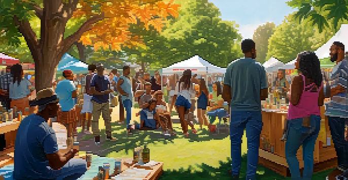 A lively community event in a park focused on social equity in cannabis, featuring diverse people engaging with each other and colorful banners.