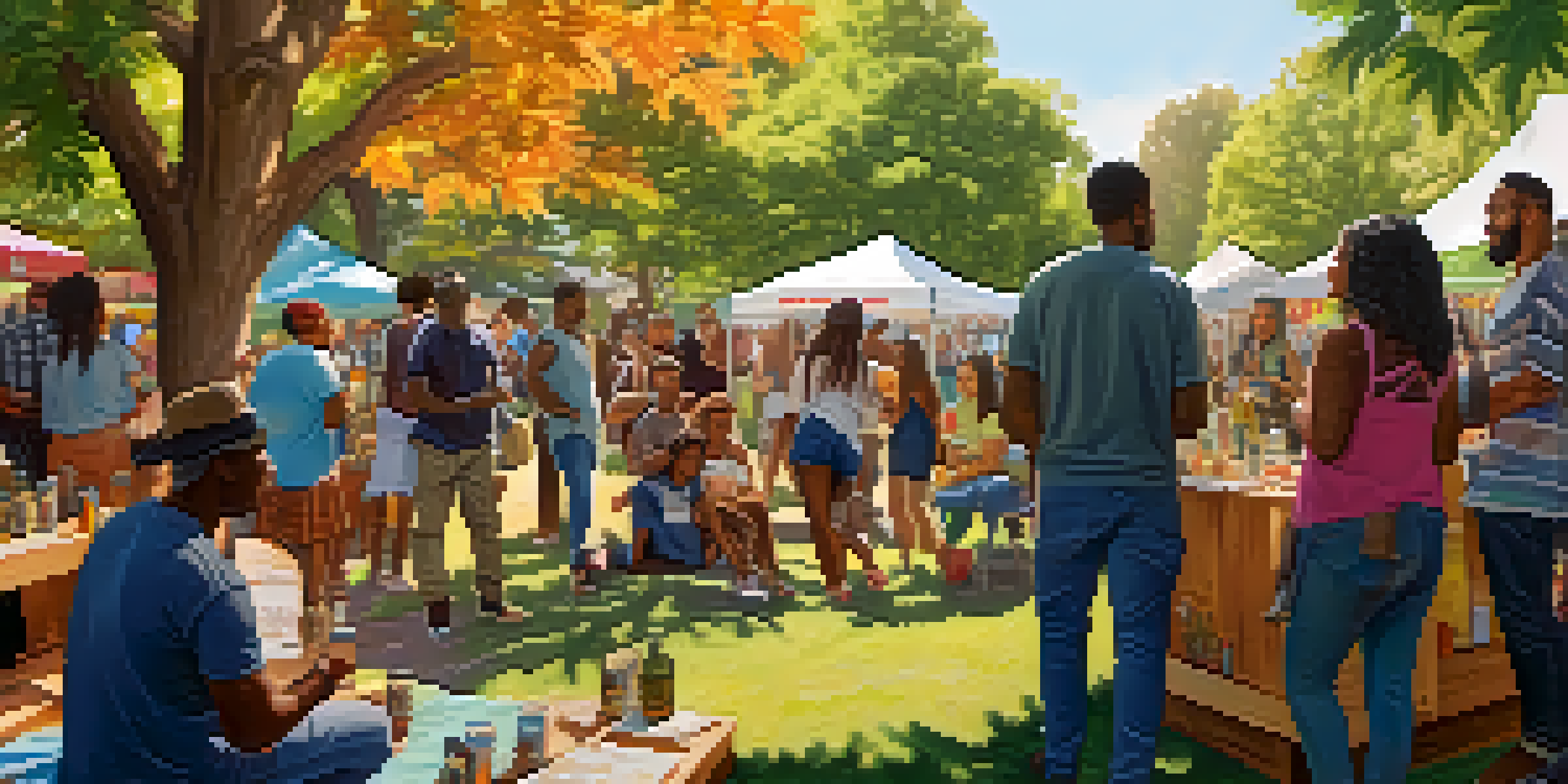 A lively community event in a park focused on social equity in cannabis, featuring diverse people engaging with each other and colorful banners.