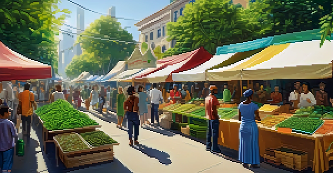 A lively street market with diverse entrepreneurs selling cannabis products under colorful banners and bright sunlight.