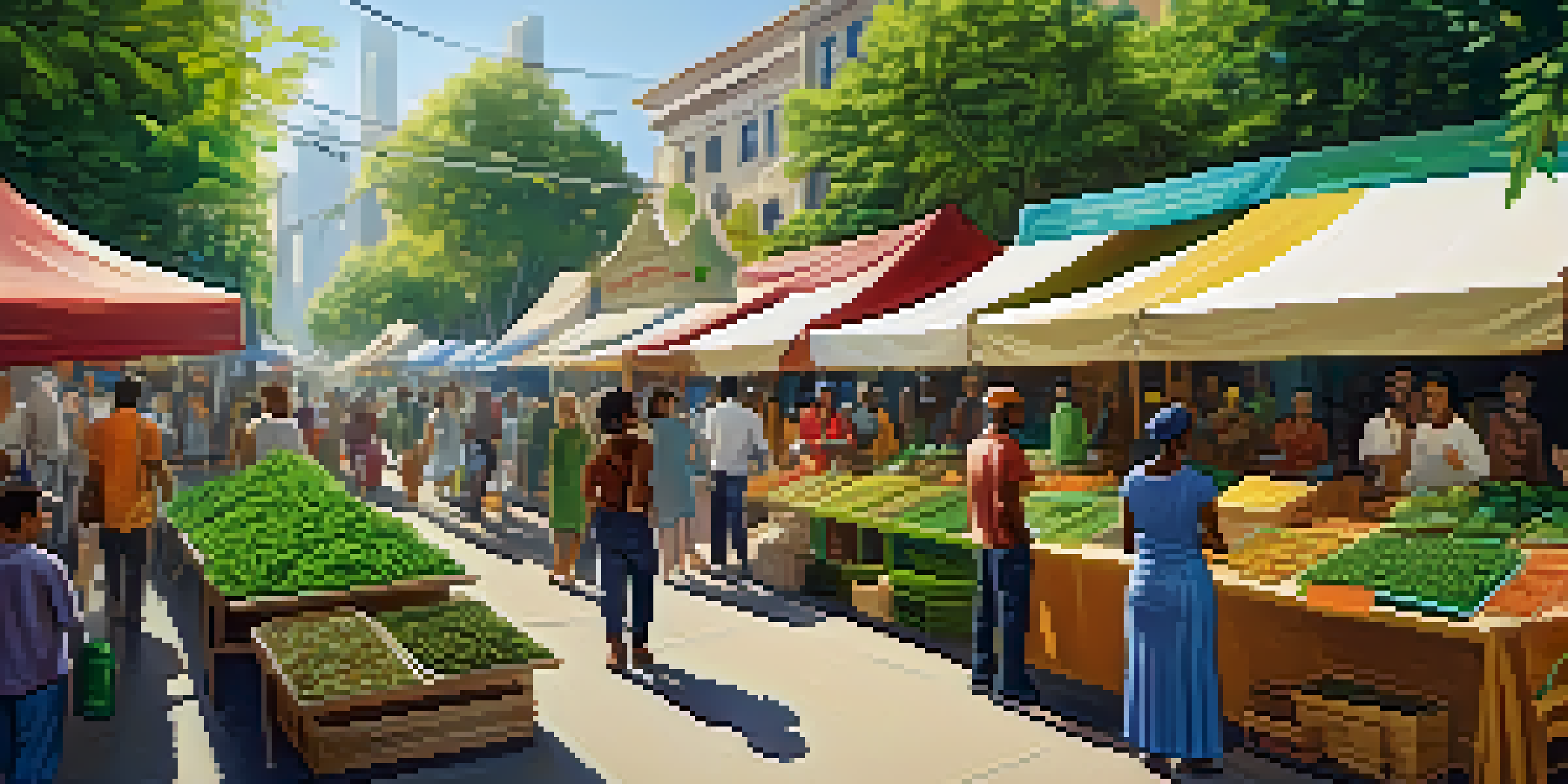A lively street market with diverse entrepreneurs selling cannabis products under colorful banners and bright sunlight.