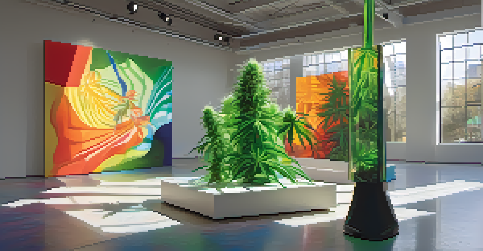 A contemporary art installation exploring cannabis culture, featuring abstract sculptures and vibrant colors in a well-lit gallery space.