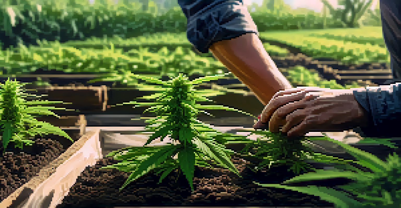 Close-up of healthy cannabis plants growing in an organic farm, with a farmer tending to them in the background.