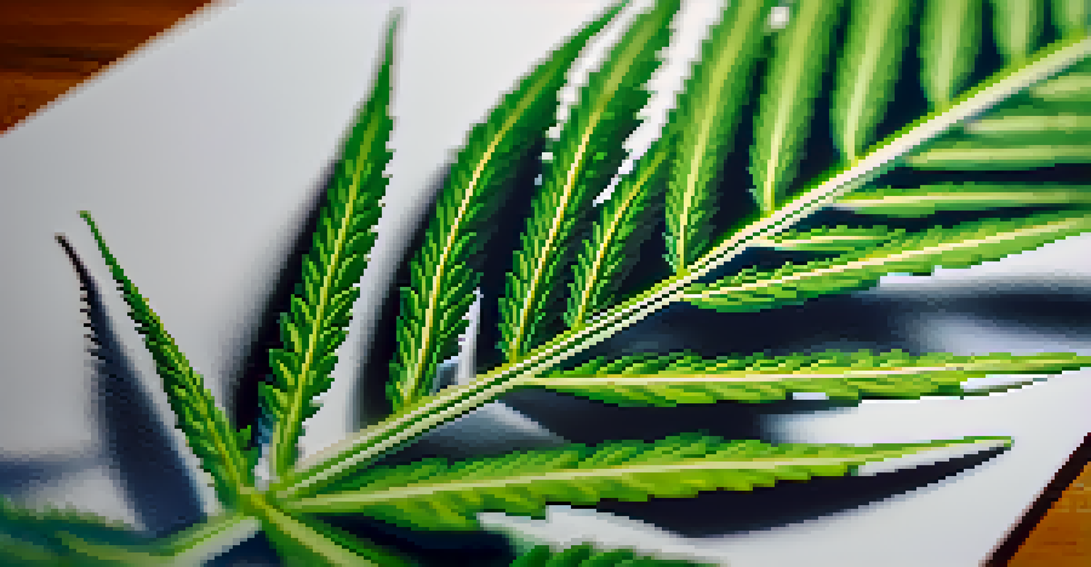 A close-up view of a cannabis leaf with detailed texture against a blurred laboratory background.