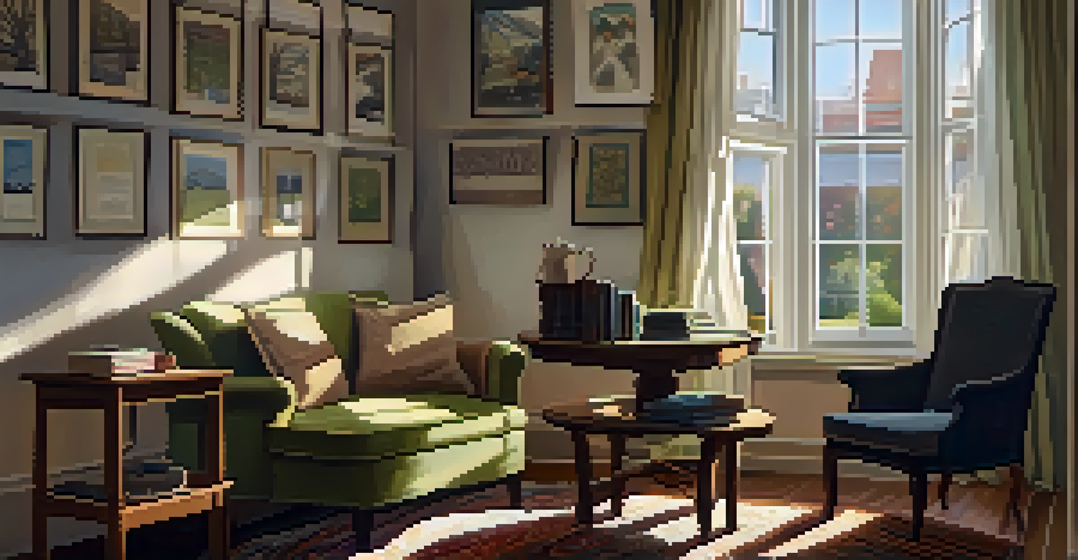 A cozy reading nook with an armchair, a cup of tea, and books, illuminated by natural light.