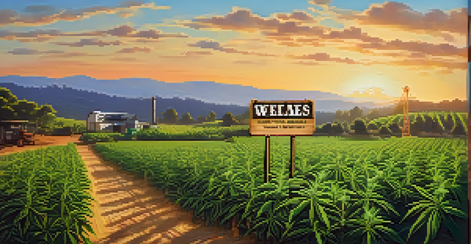 A peaceful cannabis farm with green plants and a sunset in the background, featuring a wooden welcome sign.