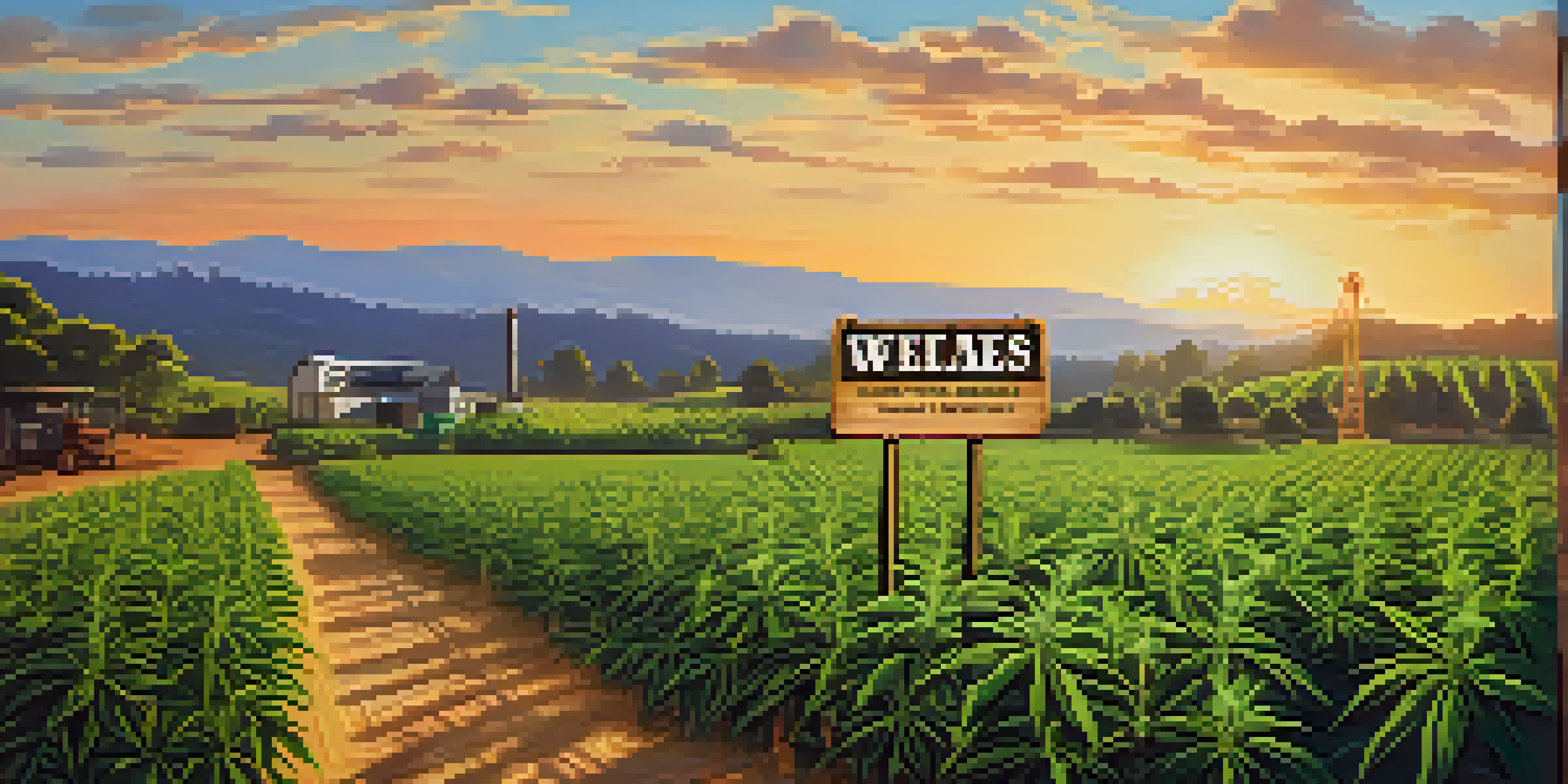 A peaceful cannabis farm with green plants and a sunset in the background, featuring a wooden welcome sign.
