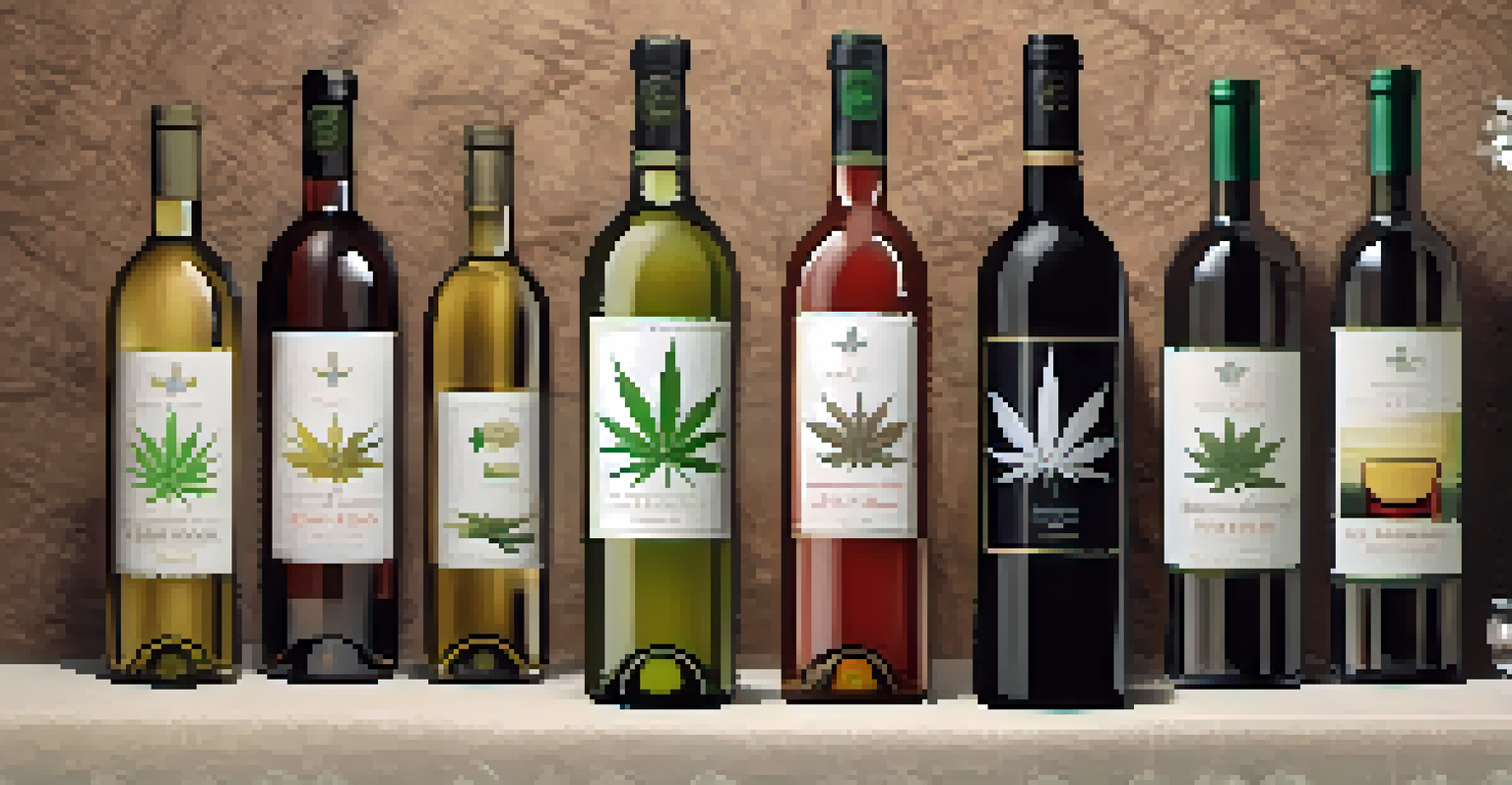 A flat lay of wine bottles and cannabis strains on an earthy-toned fabric, highlighting their flavors and profiles.