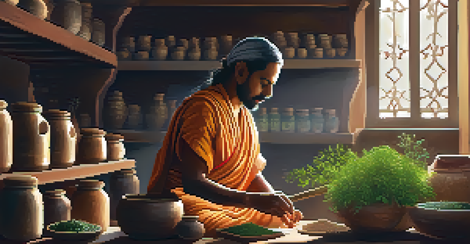 An Ayurvedic practitioner mixing herbs in a mortar and pestle in a sunlit room filled with jars of herbs.