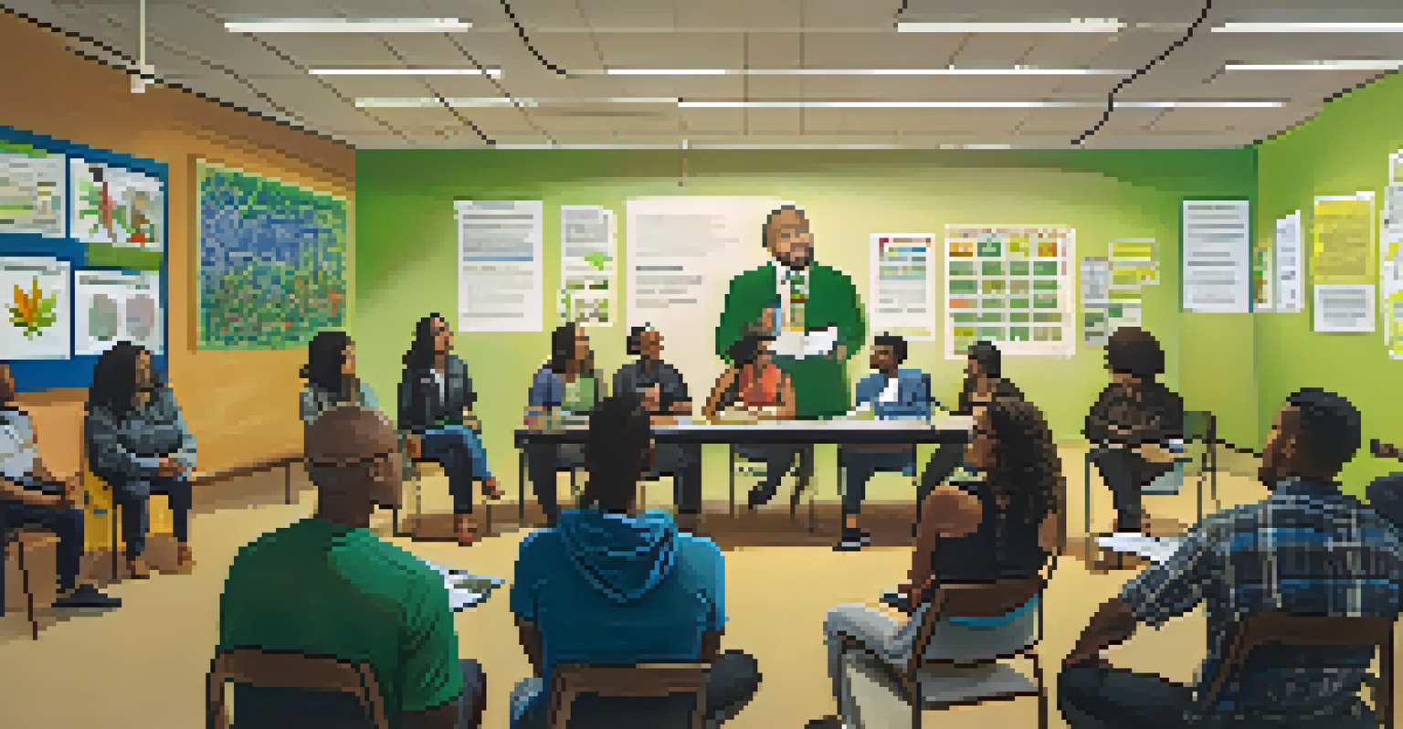 A diverse group of individuals in an educational workshop about mental health and marijuana, with a speaker presenting and participants taking notes.