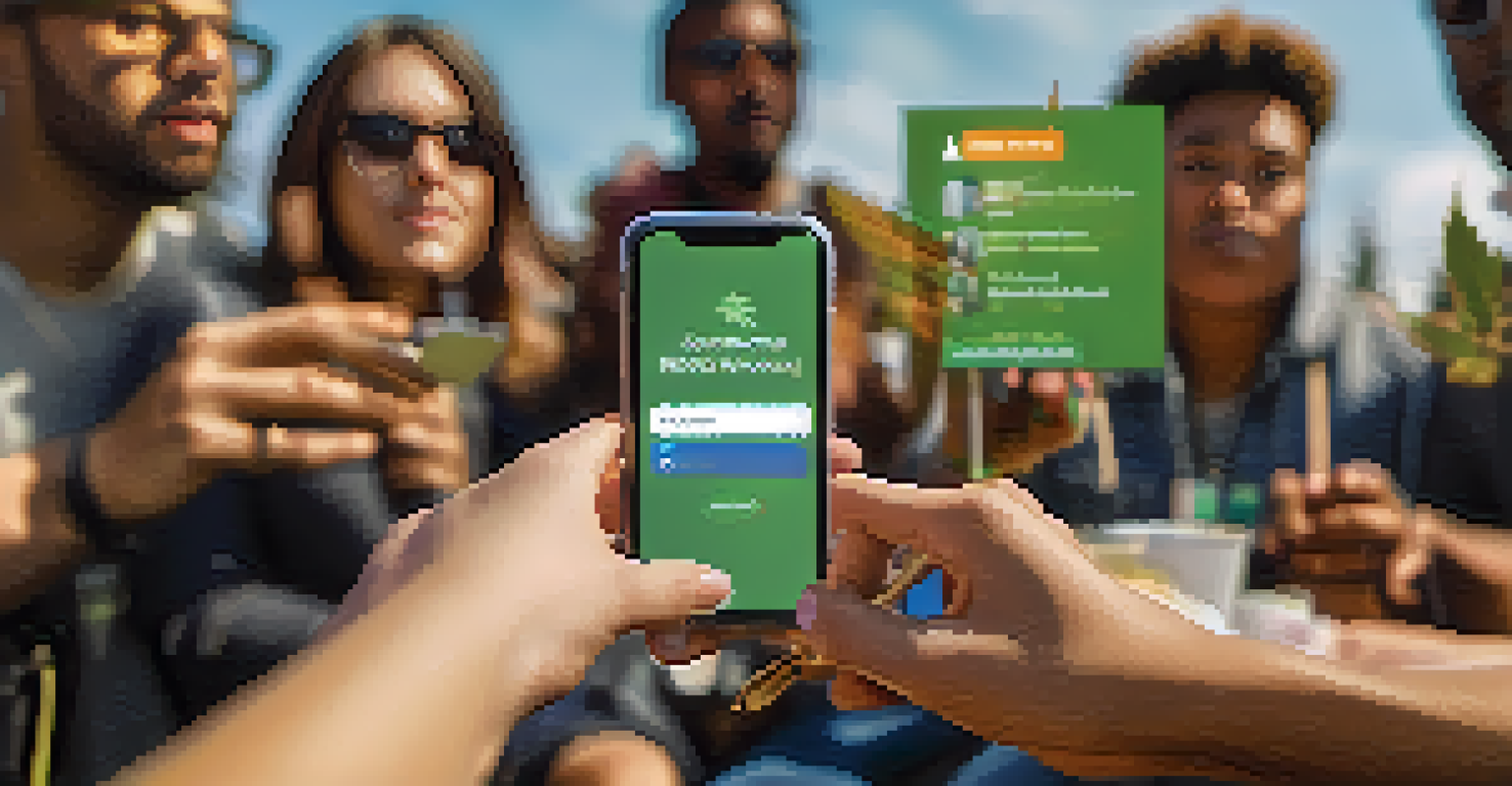 Close-up of hands holding a smartphone with a marijuana advocacy post, set against a blurred background of a diverse group discussing.