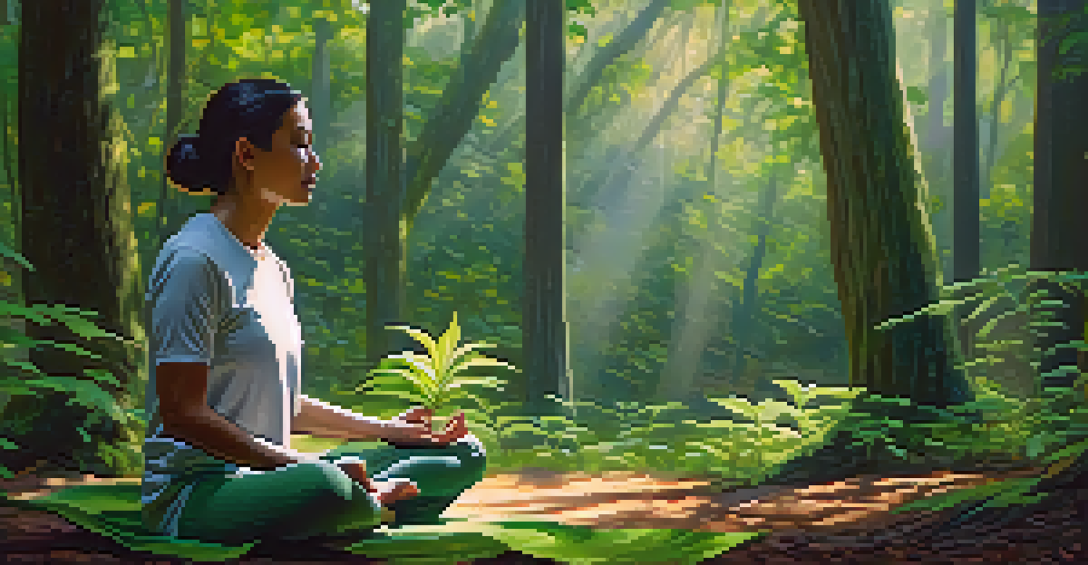 A person meditating in a forest, surrounded by trees and soft sunlight, with incense and herbs nearby.