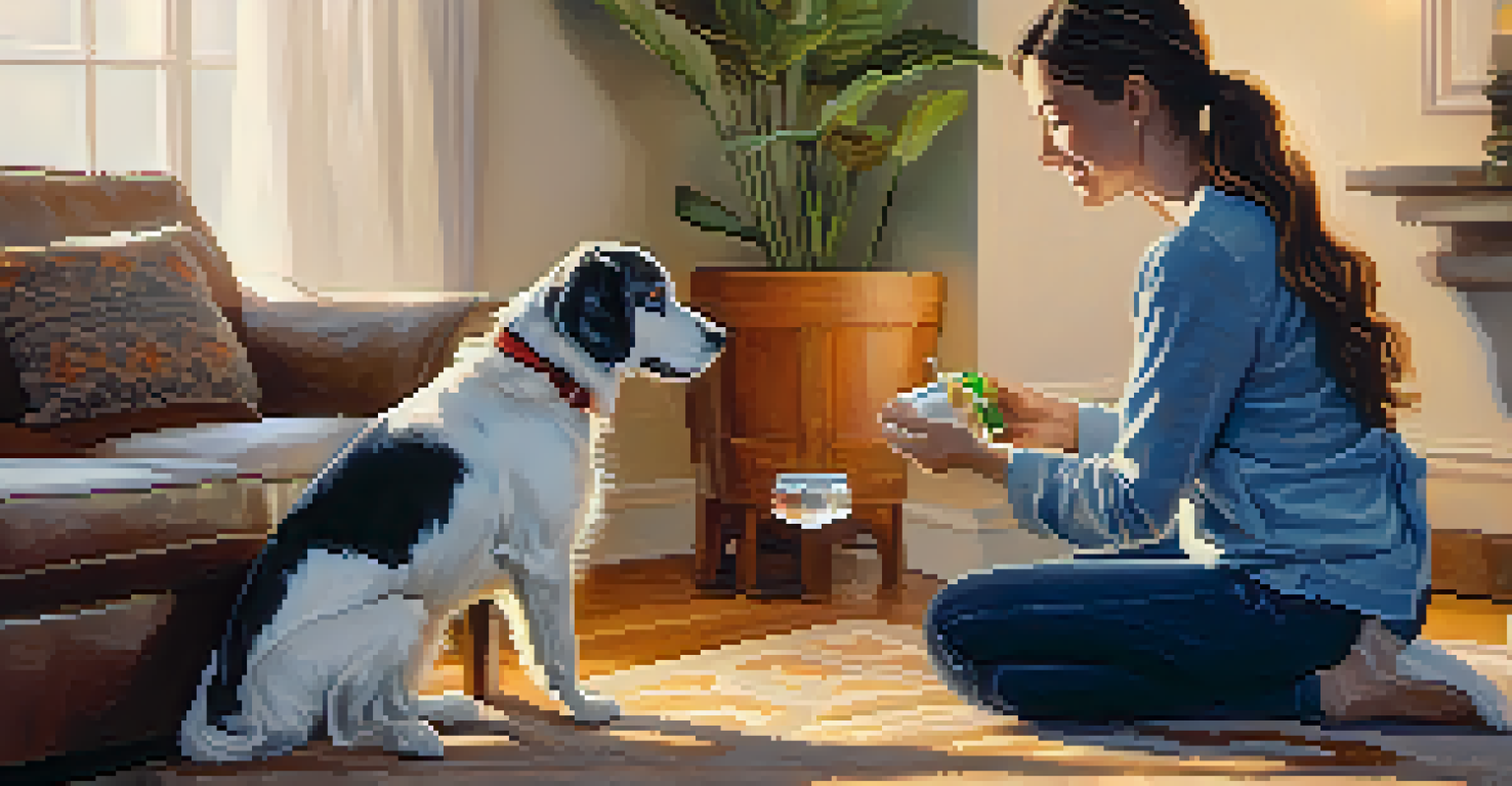 A close-up of a pet owner giving CBD oil to a curious dog in a warm living room.