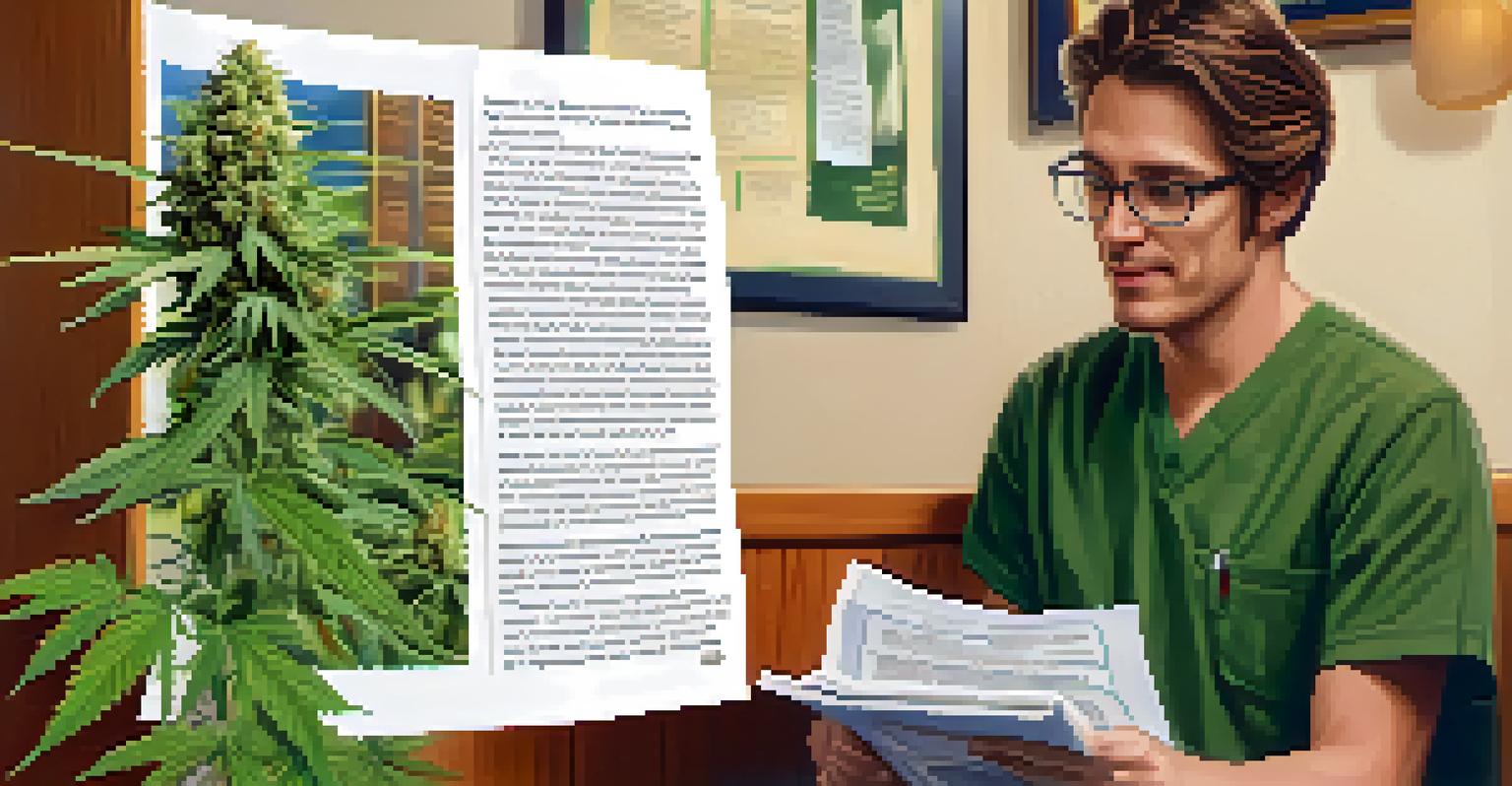 A patient reading about medical marijuana in a cozy doctor's office.