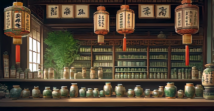A tranquil ancient Chinese herbal medicine shop filled with dried herbs and a wooden counter showcasing herbal remedies.